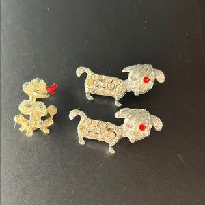Silver and Gold Dog Brooch Set with Red Accents